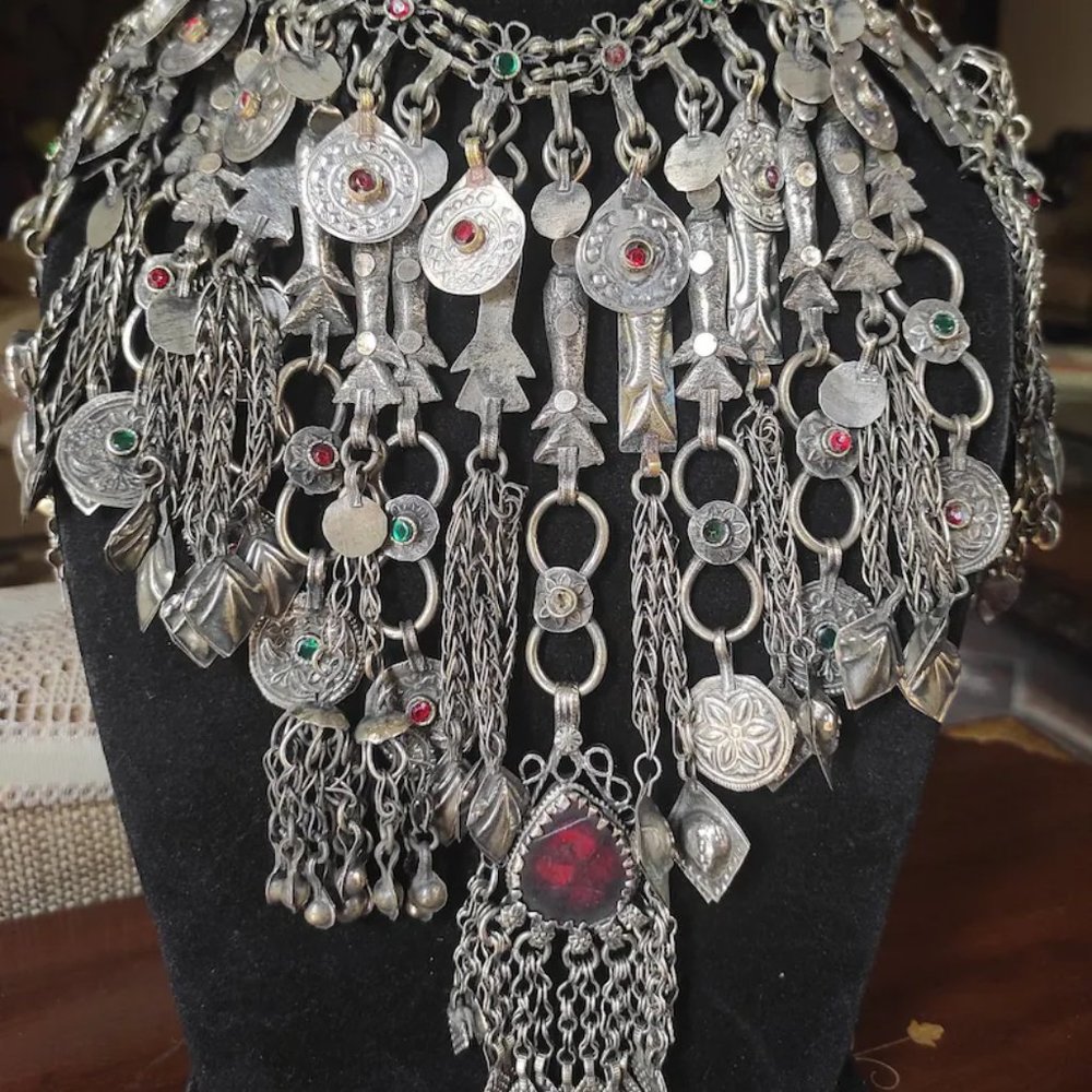 Vintage Afghan Kuchi Bib Necklace: Handmade Tribal Choker with Tassels